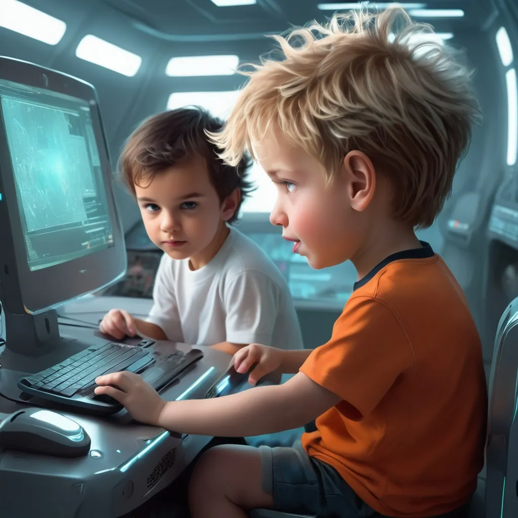 Prompt: Make me some kids playing on computer in the futuristic world 