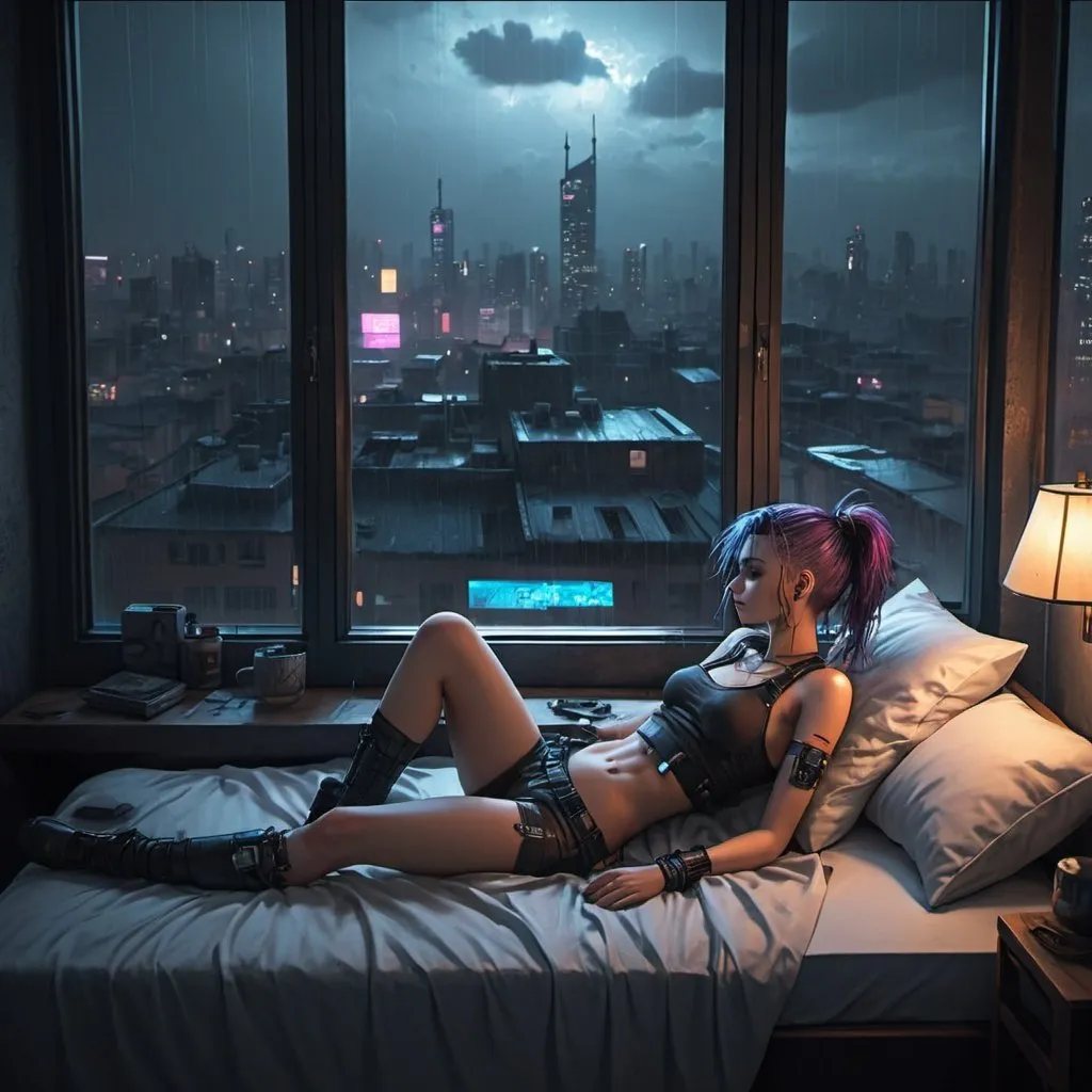 Prompt: a casually dressed cyberpunk girl is lying on the bed, the bed is next to the window, she is looking out the window, lying on her side, at the view of the city offered to her from the top floor, it's night and it's raining