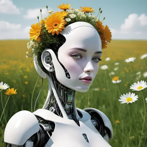 Prompt: Make me a futuristic female robot in a land full with flowers and gras