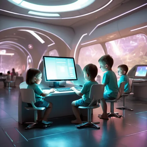 Prompt: Make me some kids playing on computer in the futuristic world 