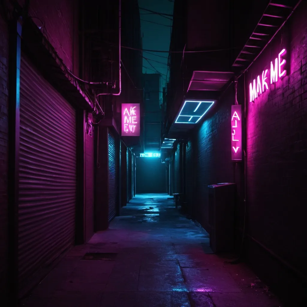 Prompt: Make me an alley dark view with neon lights, shadows, in to the future 