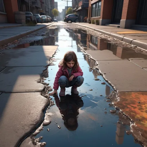 Prompt: a little girl viewed from above, crouching and looking into a large puddle on the sidewalk, her reflection in the puddle is a very beautiful  woman, make the scene in a dystopian future , ultra hd, realistic, vivid colors, highly detailed, UHD drawing, pen and ink, perfect composition, beautiful detailed intricate insanely detailed octane render trending on artstation, 8k artistic photography, photorealistic concept art, soft natural volumetric cinematic perfect light, ultra hd, realistic, vivid colors, highly detailed, UHD drawing, pen and ink, perfect composition, beautiful detailed intricate insanely detailed octane render trending on artstation, 8k artistic photography, photorealistic concept art, soft natural volumetric cinematic perfect light