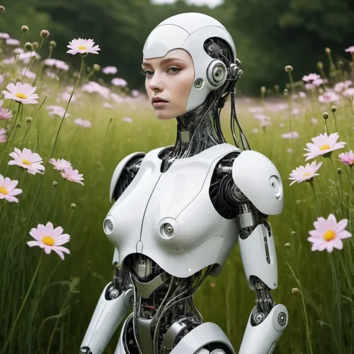 Prompt: Make me a futuristic female robot in a land full with flowers and gras