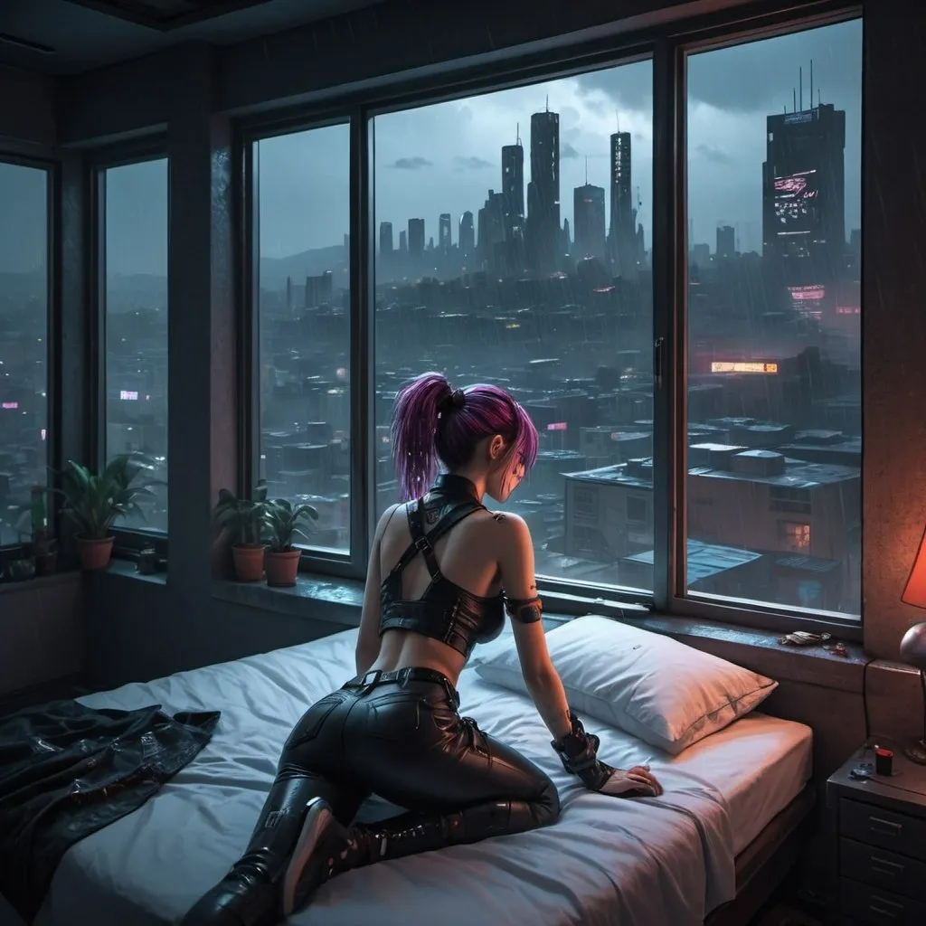 Prompt: a casually dressed cyberpunk girl is lying on the bed, the bed is next to the window, she is looking out the window, lying on her side, at the view of the city offered to her from the top floor, it's night and it's raining