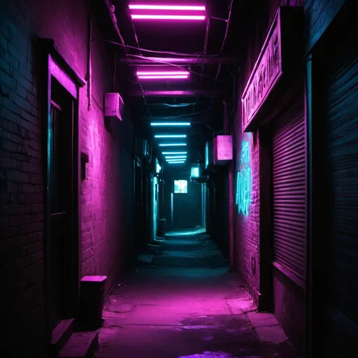 Prompt: Make me an alley dark view with neon lights, shadows, in to the future 