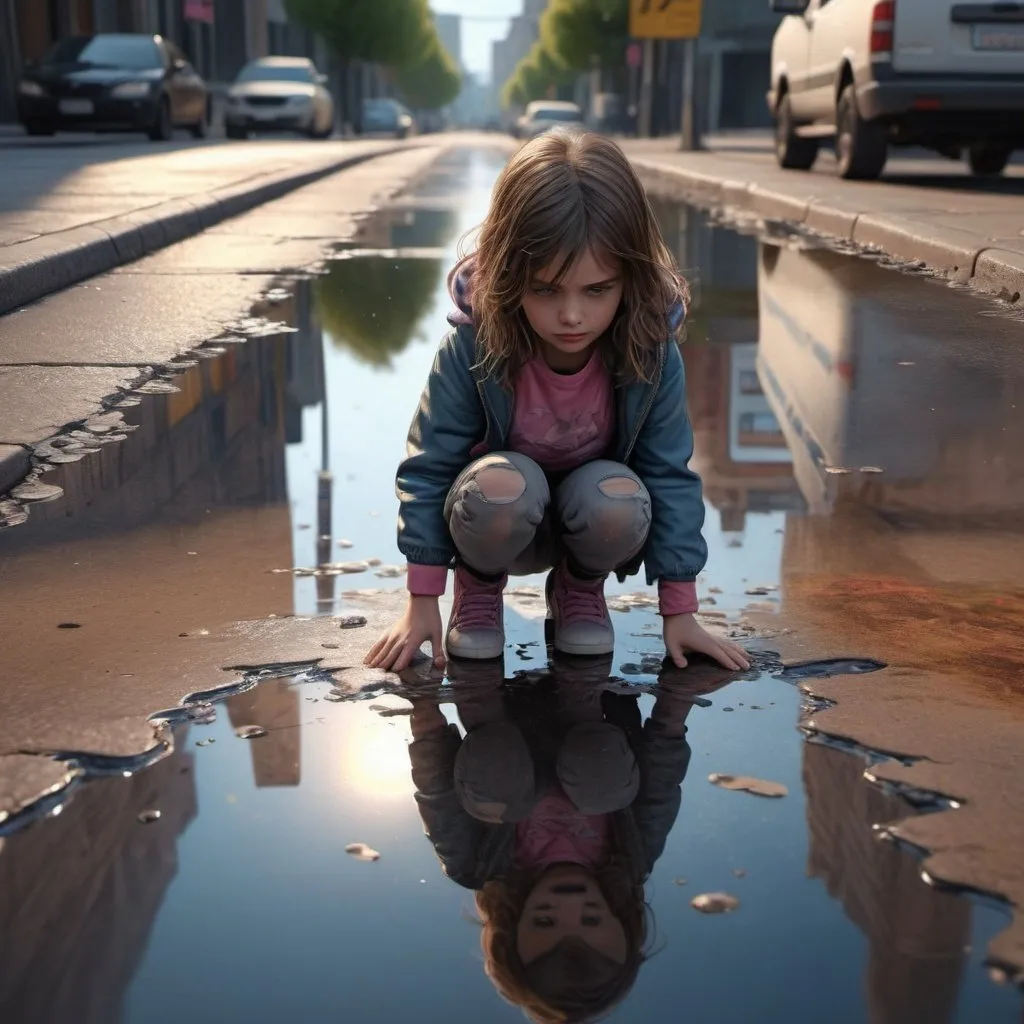 Prompt: a little girl viewed from above, crouching and looking into a large puddle on the sidewalk, her reflection in the puddle is a very beautiful  woman, make the scene in a dystopian future , ultra hd, realistic, vivid colors, highly detailed, UHD drawing, pen and ink, perfect composition, beautiful detailed intricate insanely detailed octane render trending on artstation, 8k artistic photography, photorealistic concept art, soft natural volumetric cinematic perfect light, ultra hd, realistic, vivid colors, highly detailed, UHD drawing, pen and ink, perfect composition, beautiful detailed intricate insanely detailed octane render trending on artstation, 8k artistic photography, photorealistic concept art, soft natural volumetric cinematic perfect light