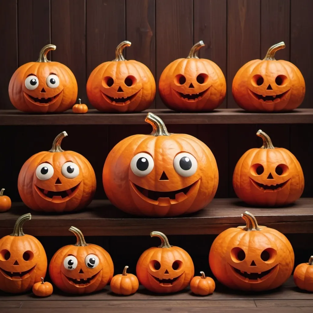 Prompt: Happy chubby and tall pumpkin character with smiling eyes and orange color sitting next to orange Halloween pumpkins on a brown wooden table.