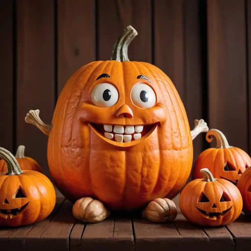 Prompt: Happy chubby and tall pumpkin character with smiling eyes and orange color sitting next to orange Halloween pumpkins on a brown wooden table.