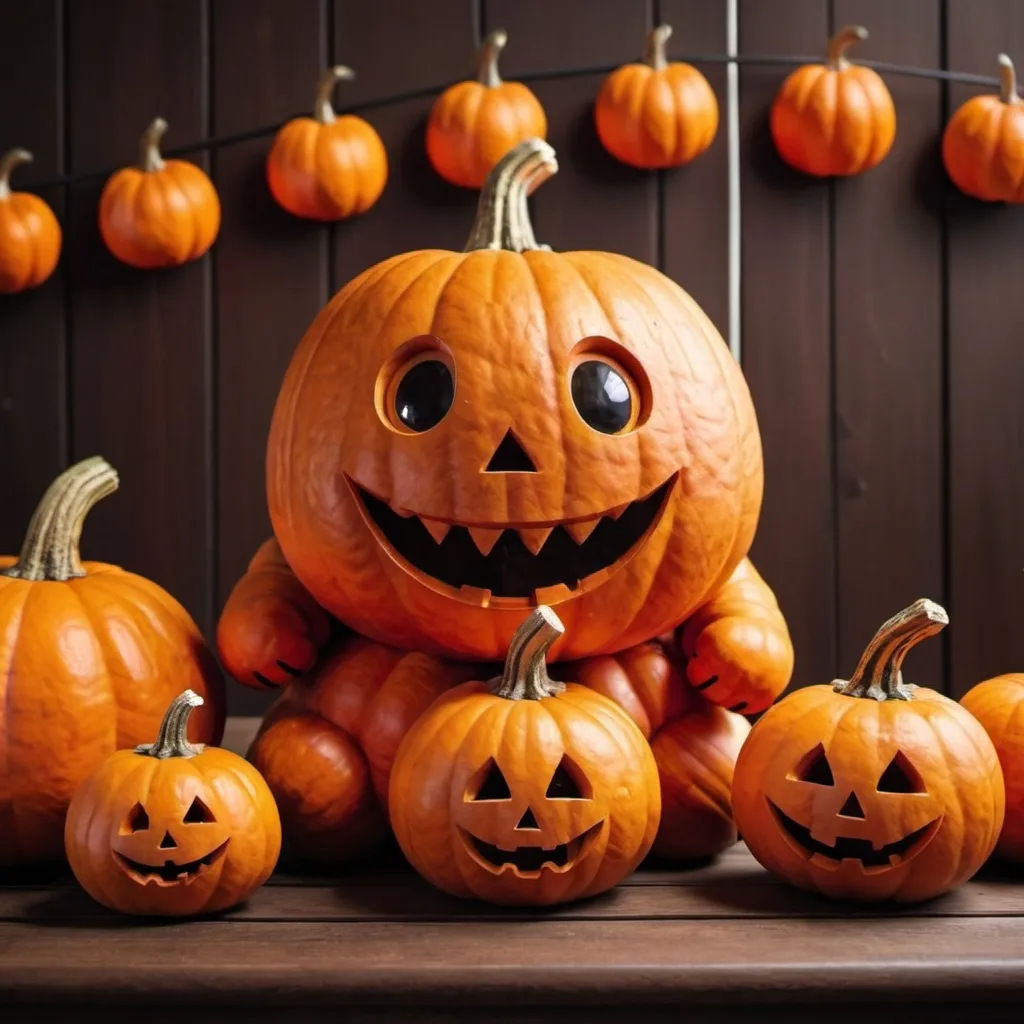 Prompt: Happy chubby and tall pumpkin character with smiling eyes and orange color sitting next to orange Halloween pumpkins on a brown wooden table.