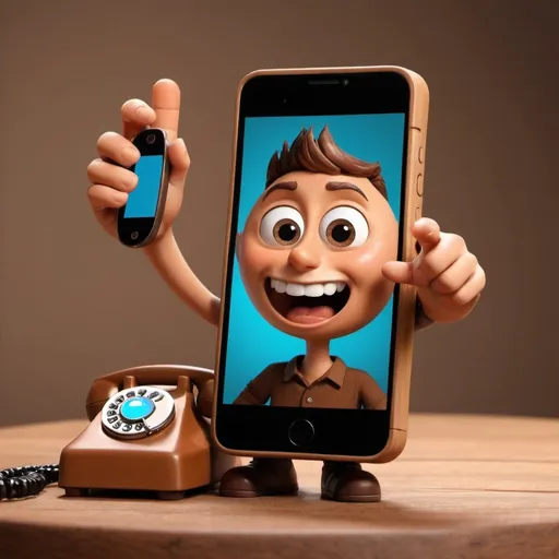 Prompt: The character of a brown phone is sitting on a brown wooden table, his eyes are a phone and he has one hand, and with that hand he is pointing to a big circle, in that circle there is a screen on the phone, and instead of numbers, there are pictures of people with different faces. Set