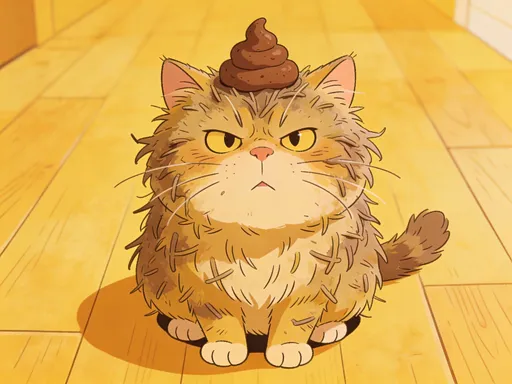 Prompt: A ugly cat with poop on its head