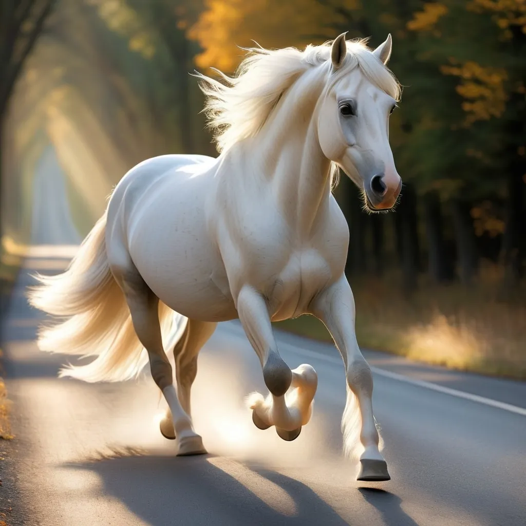 Prompt: A white horse gracefully walks down a sunlit road. Its coat shines like pearl, contrasting with the asphalt beneath its hooves. The horse's mane flows in the gentle breeze, adding to its majestic aura.
