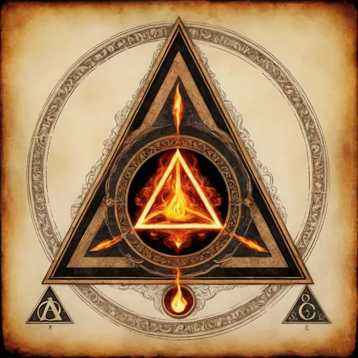 Prompt: the ancient alchemical symbol of the element of fire - associated with the triangle, capture the essence of that element with symbols in renaissance style