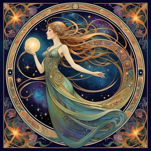 Prompt: art nouveau style Dreamweaver, (graceful figure) surrounded by the wonders of the cosmos, celestial elements swirling around, ethereal light illuminating features, brilliant stars and swirling galaxies, (whimsical patterns) seamlessly blending into vibrant dreamscapes, rich colors, intricate details, enchanting ambiance, high-quality, (mesmerizing composition).