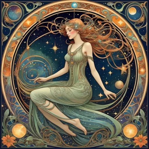 Prompt: art nouveau style Dreamweaver, (graceful figure) surrounded by the wonders of the cosmos, celestial elements swirling around, ethereal light illuminating features, brilliant stars and swirling galaxies, (whimsical patterns) seamlessly blending into vibrant dreamscapes, rich colors, intricate details, enchanting ambiance, high-quality, (mesmerizing composition).