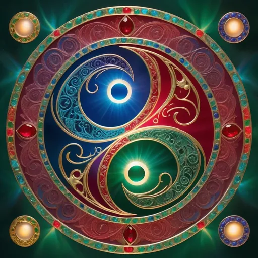 Prompt: (vibrant symbol of divine male and female essence), mystical interplay of genders, similar to yin-yang, glowing together, intricate designs representing balance and harmony, vibrant jewel-like colors, deep emerald greens, rich ruby reds, shimmering sapphire blues, radiant golden accents, swirling patterns evoking energy and unity, celestial background, ethereal glow, high detail, ultra-detailed, captivating and harmonious atmosphere.