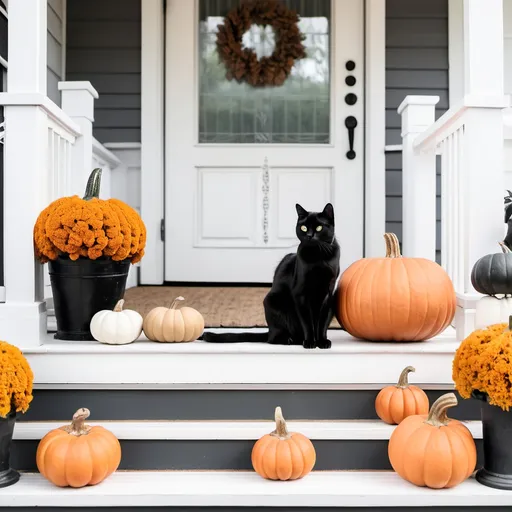 Prompt: Black cat sitting on white victorian farmhouse porch with pumpkins neutral colors