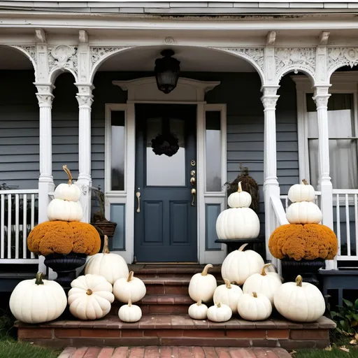 Prompt: White pumpkins flanking porch of shabby chic Victorian house