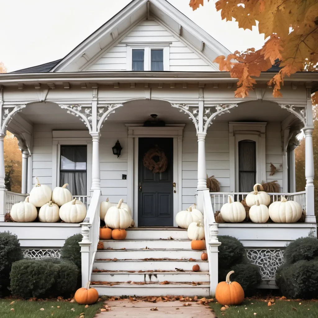 Prompt: White pumpkins flanking porch of shabby chic Victorian house