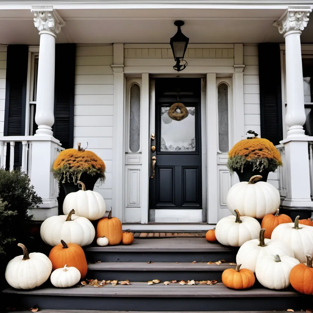 Prompt: White pumpkins flanking porch of shabby chic Victorian house