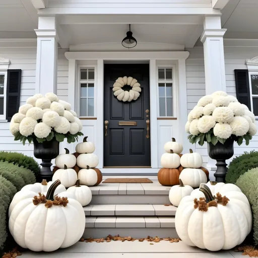 Prompt: White pumpkins flanking white victorian farmhouse with gingerbread trim neutral colors white fall mums