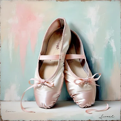 Prompt: ballet shoes, abstract painting, laurence amelie painting, shabby chic, pastel color palette