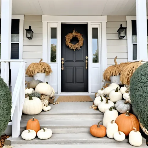 Prompt: Autumn white fall time porch with pumpkins neutral colors