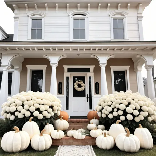 Prompt: White pumpkins flanking cream colored victorian farmhouse with gingerbread trim neutral colors white fall mums