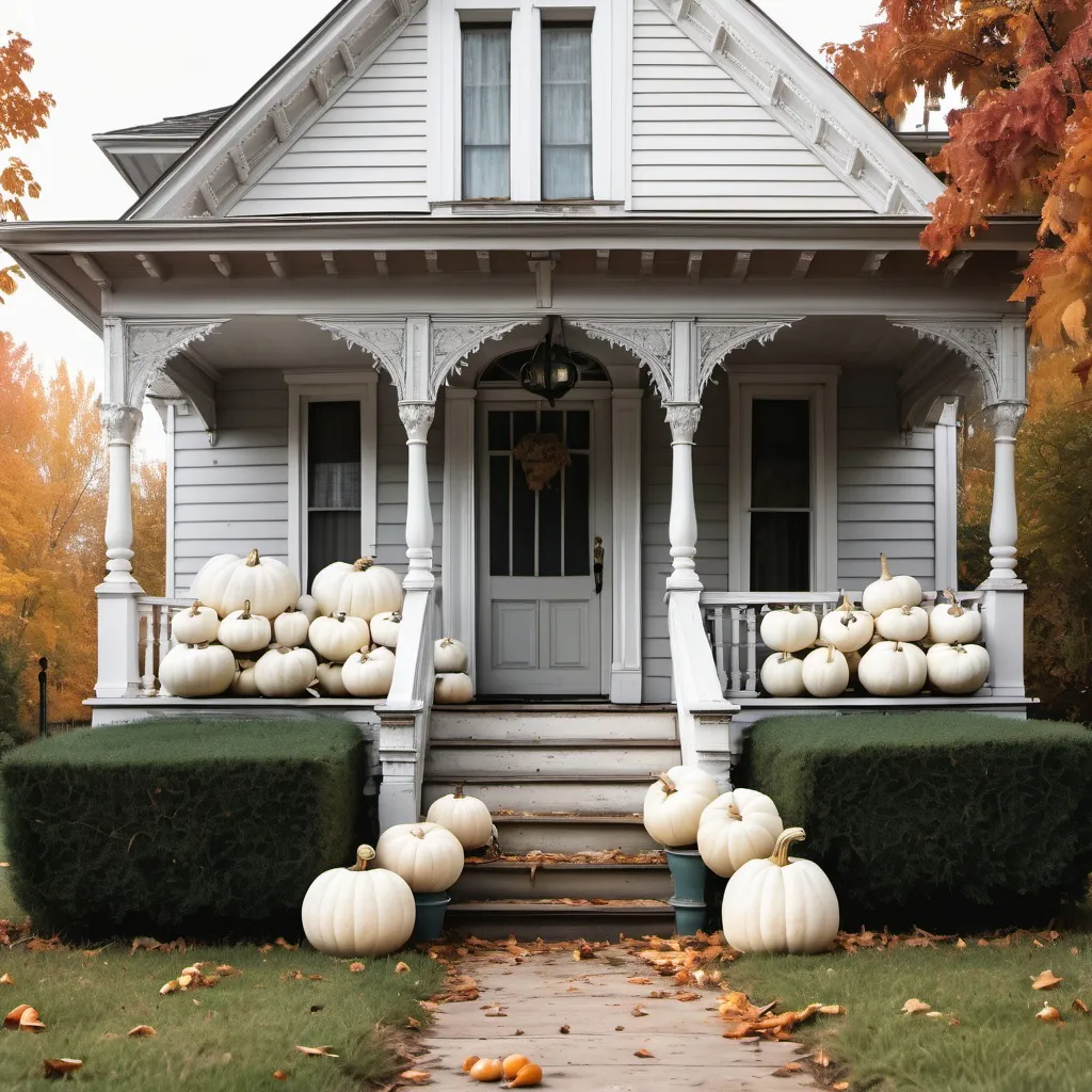 Prompt: White pumpkins flanking porch of shabby chic Victorian house