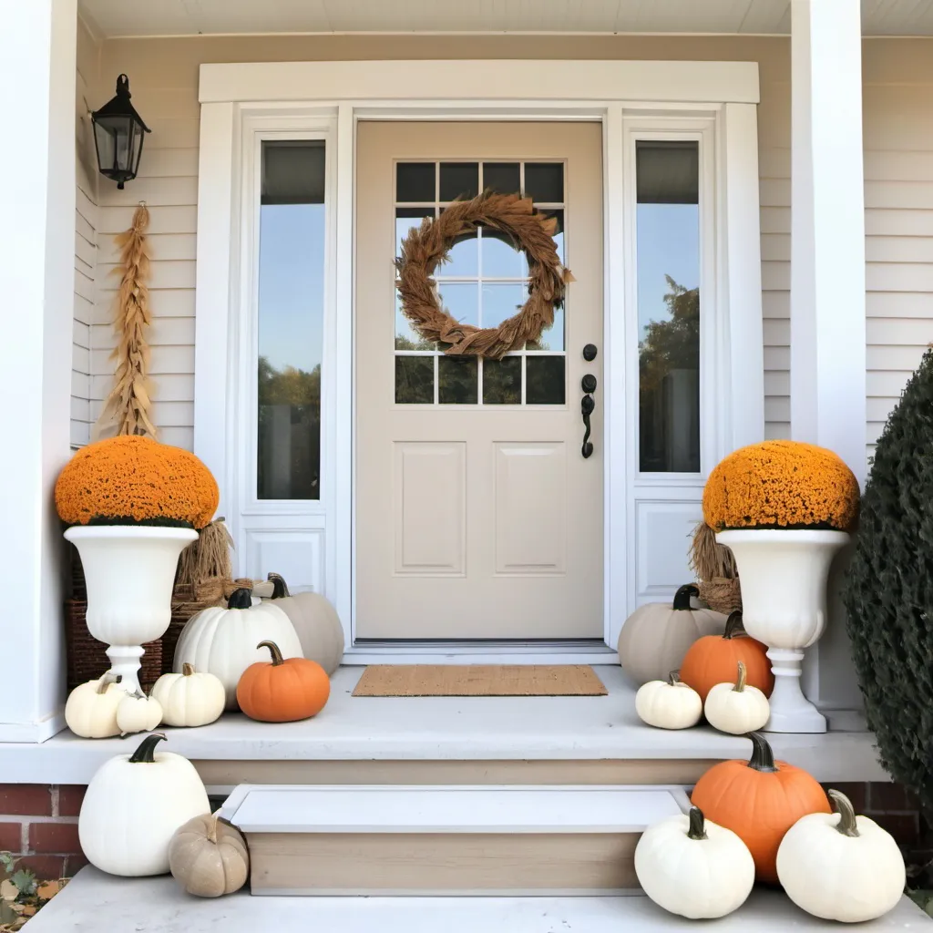 Prompt: Autumn white fall time porch with pumpkins neutral colors