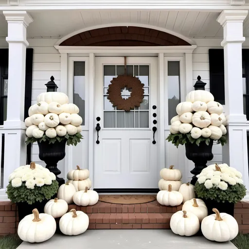 Prompt: White pumpkins flanking white victorian farmhouse porch with gingerbread trim neutral colors white fall mums