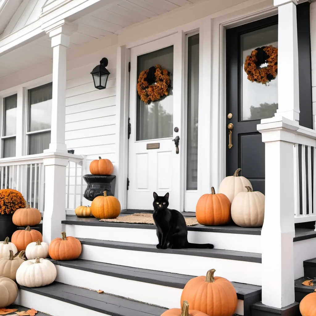 Prompt: Black cat sitting on white victorian farmhouse porch with pumpkins neutral colors