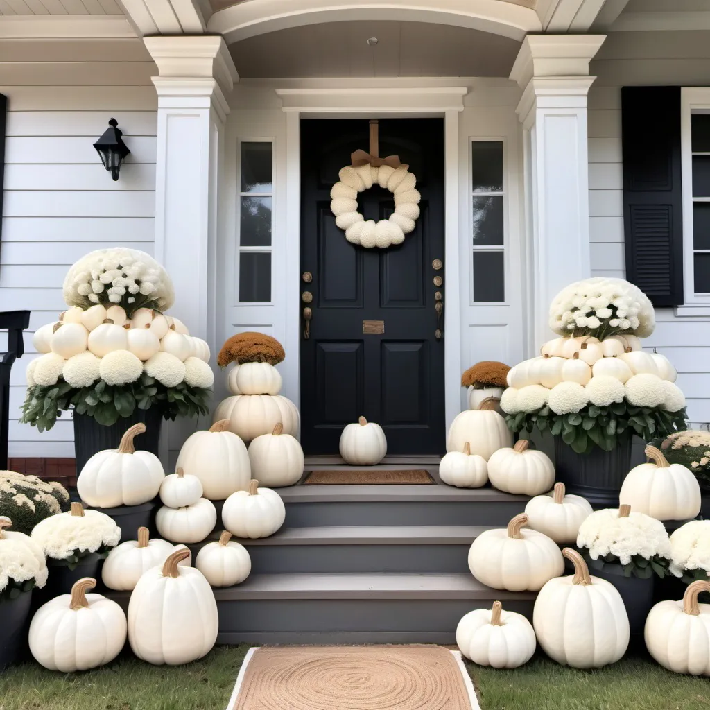 Prompt: White pumpkins flanking cream colored victorian farmhouse with gingerbread trim neutral colors white fall mums