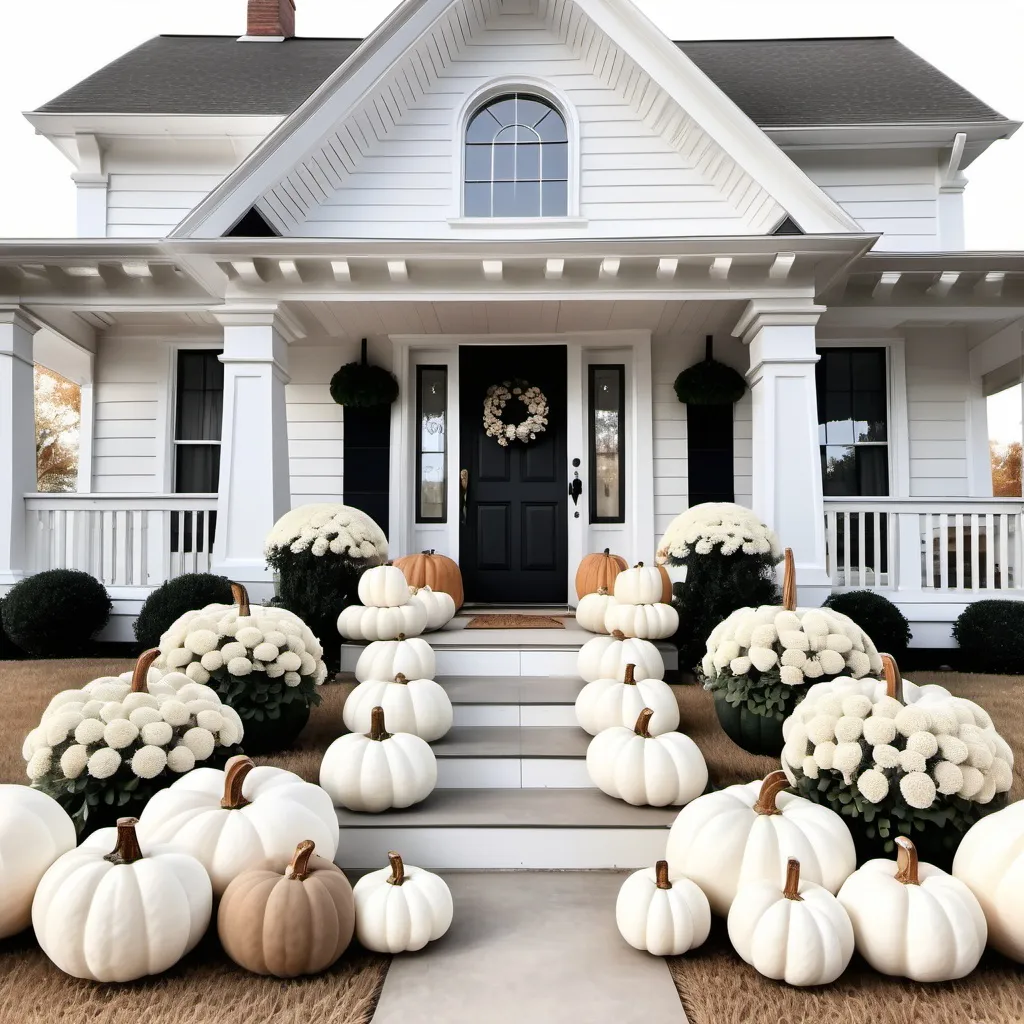 Prompt: White pumpkins flanking white victorian farmhouse with gingerbread trim neutral colors white fall mums