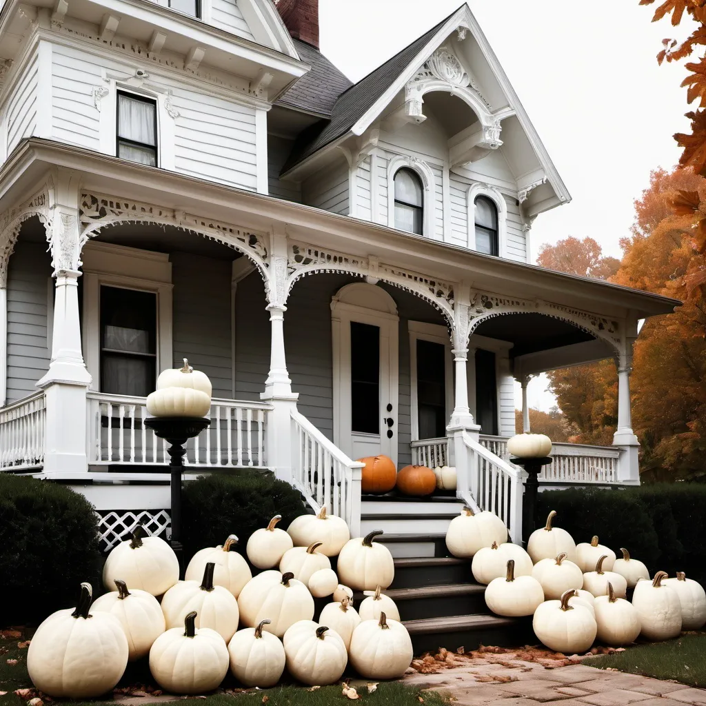 Prompt: White pumpkins flanking porch of shabby chic Victorian house