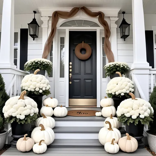 Prompt: White pumpkins flanking white victorian farmhouse porch with gingerbread trim neutral colors white fall mums