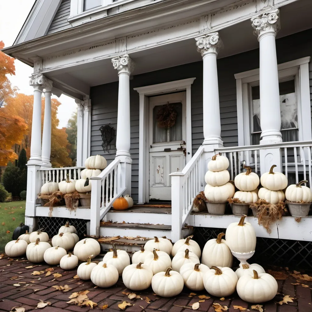 Prompt: White pumpkins flanking porch of shabby chic Victorian house