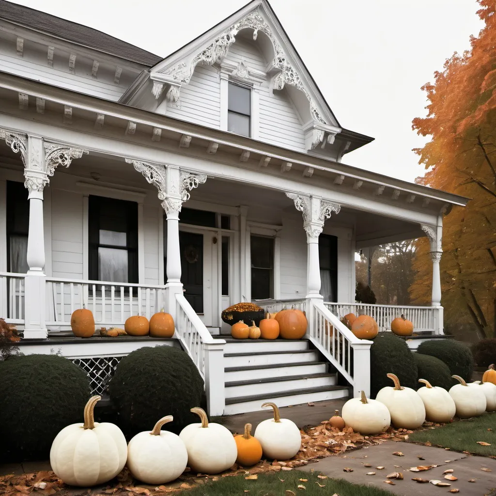 Prompt: White pumpkins flanking porch of shabby chic Victorian house