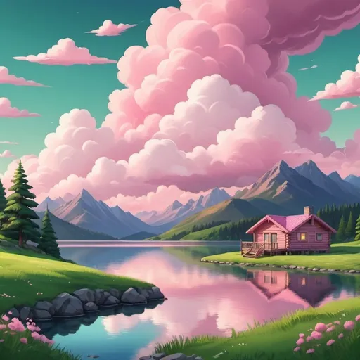 Prompt: pink cartoon fluffy cumulus clouds evening mountains green grass cabin lake