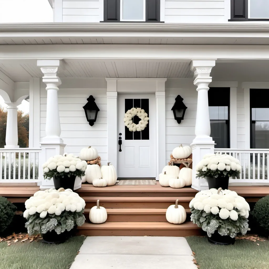 Prompt: White pumpkins flanking white victorian farmhouse porch with gingerbread trim neutral colors white fall mums