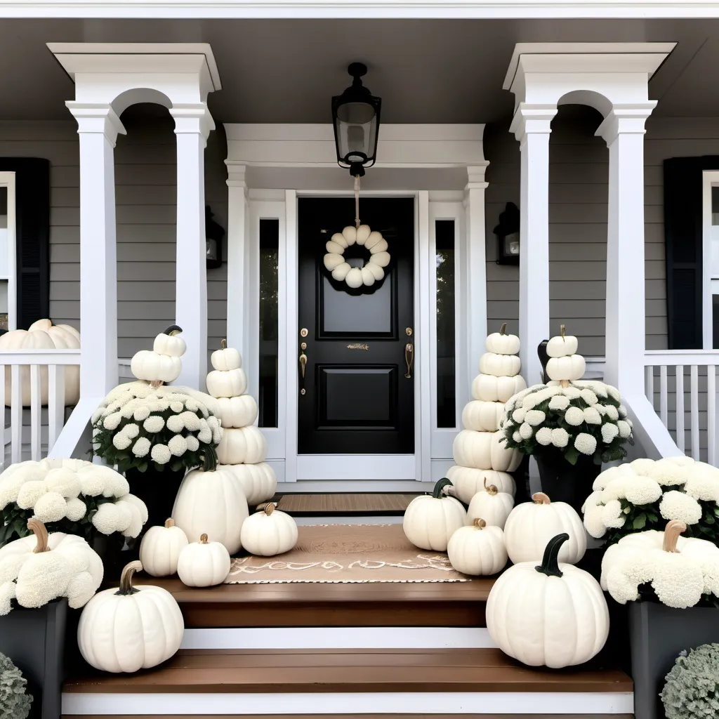 Prompt: White pumpkins flanking white victorian farmhouse porch with gingerbread trim neutral colors white fall mums