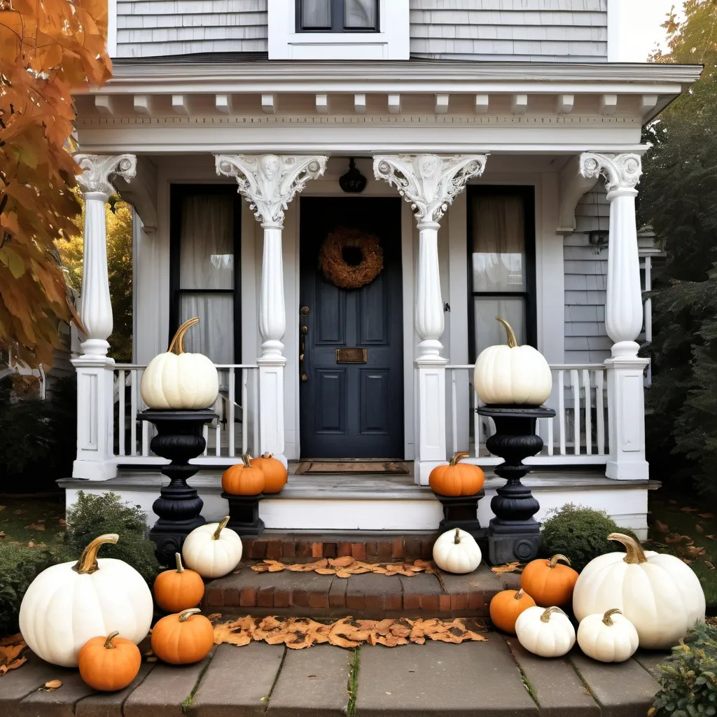 Prompt: White pumpkins flanking porch of shabby chic Victorian house