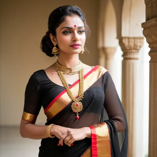 Prompt: Lady wearing black chiffon saree with red and gold zari border and wearing gold antique long chain on neck