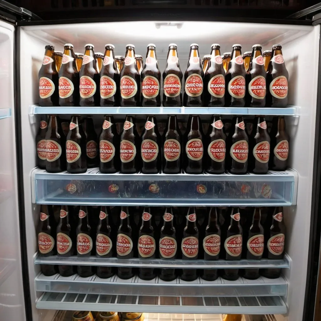 Prompt: Fridge full of frozen Karlovačko beer