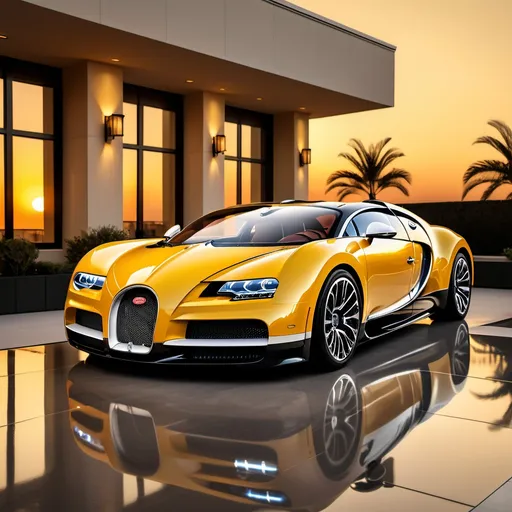 Prompt: (3 elegant Bugatti Chirons), outside an opulent penthouse, (luxurious setting), sunset ambiance, (yellow sky), dramatic lighting reflecting off the cars, sleek and shiny surfaces contrasting against the modern architecture, cozy and sophisticated atmosphere, ultra-detailed, high resolution, captivating scene, rich with depth and emotion.