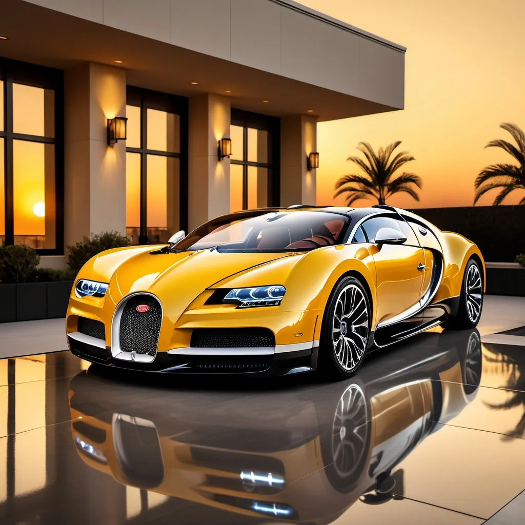 Prompt: (3 elegant Bugatti Chirons), outside an opulent penthouse, (luxurious setting), sunset ambiance, (yellow sky), dramatic lighting reflecting off the cars, sleek and shiny surfaces contrasting against the modern architecture, cozy and sophisticated atmosphere, ultra-detailed, high resolution, captivating scene, rich with depth and emotion.