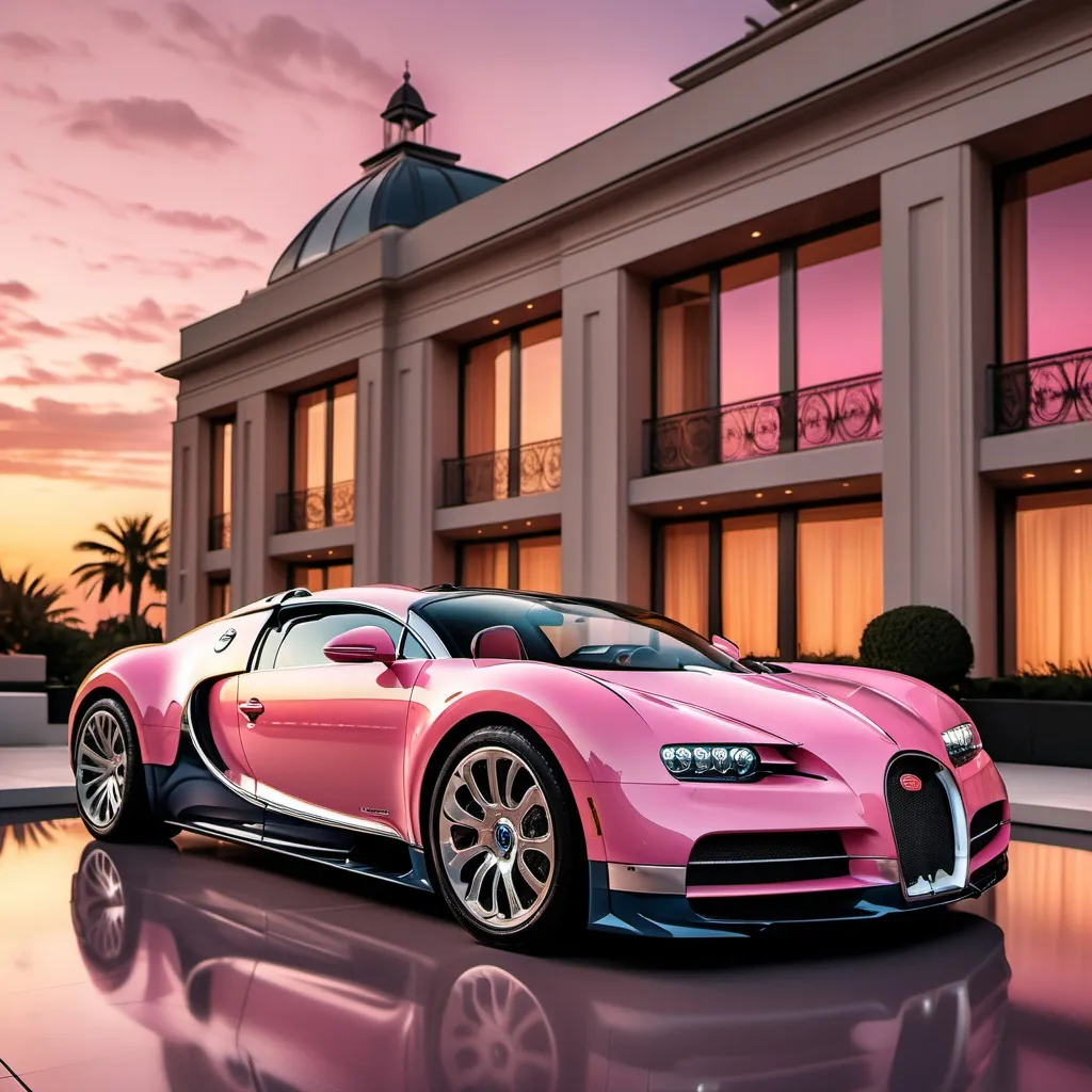 Prompt: (3 elegant Bugatti Chirons), outside an opulent penthouse, (luxurious setting), sunset ambiance, (pink sky), dramatic lighting reflecting off the cars, sleek and shiny surfaces contrasting against the modern architecture, cozy and sophisticated atmosphere, ultra-detailed, high resolution, captivating scene, rich with depth and emotion.