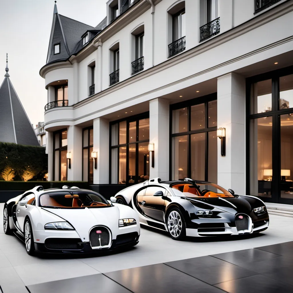 Prompt: 3 black and white bugatti chirons outside a luxurious and elegant penthouse