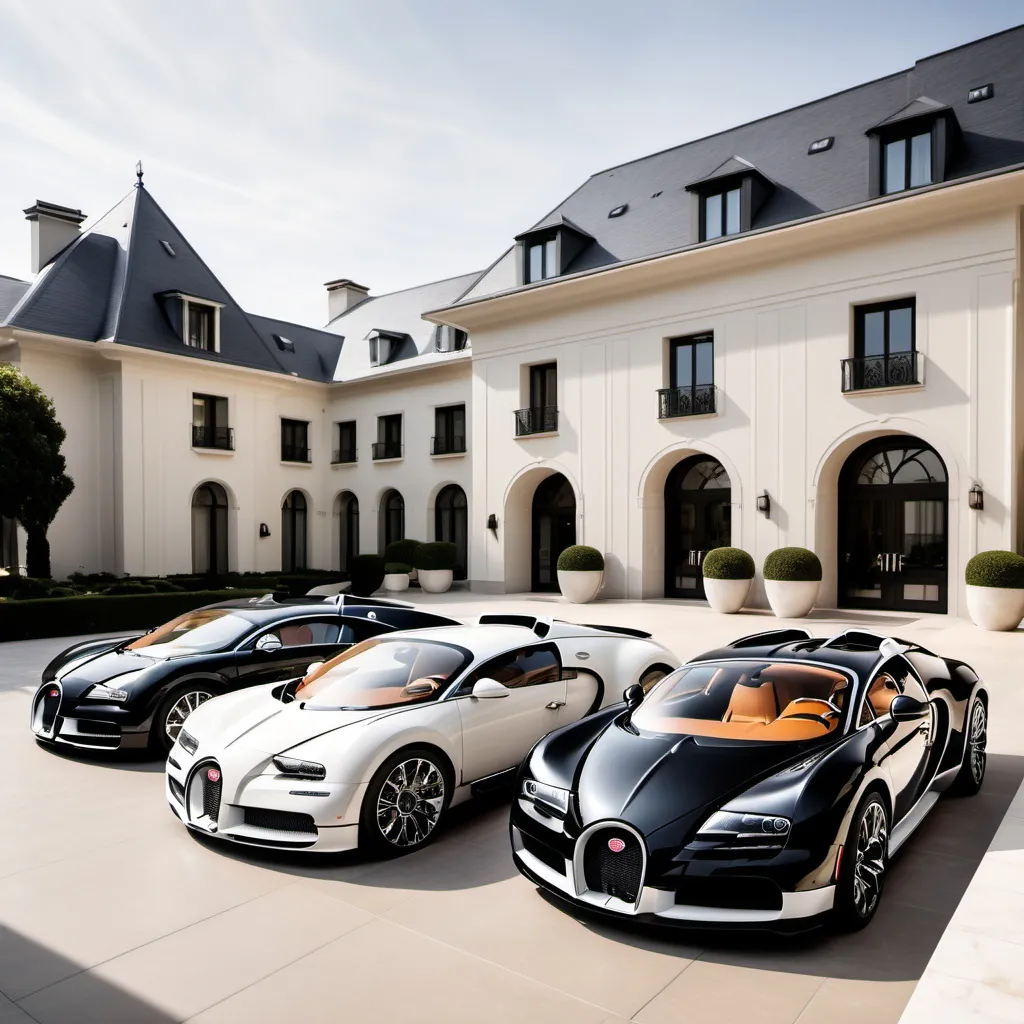 Prompt: 3 black and white bugatti chirons outside a luxurious and elegant penthouse, afternoon