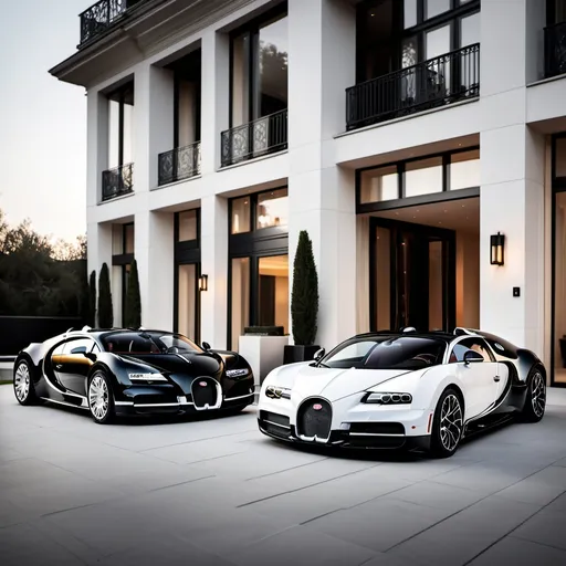 Prompt: 3 black and white bugatti chirons outside a luxurious and elegant penthouse